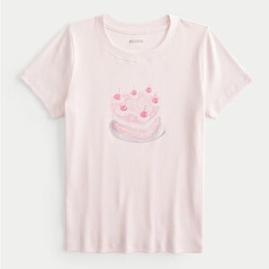 Hollister Pink Ribbed Baby Tee Heart Cake Graphic Slim Fit Small NWT